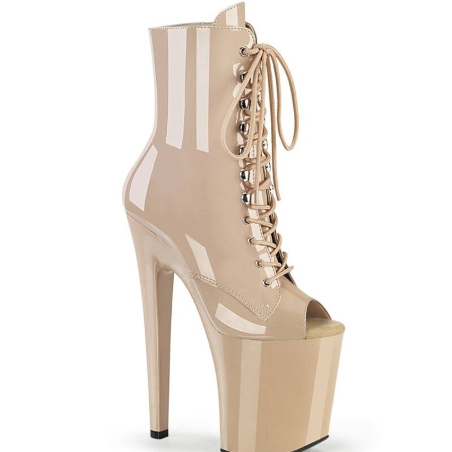 High Heels Pleaser | Pleaser Xtreme-1021 Plateau Stiefeletten Lack Beige