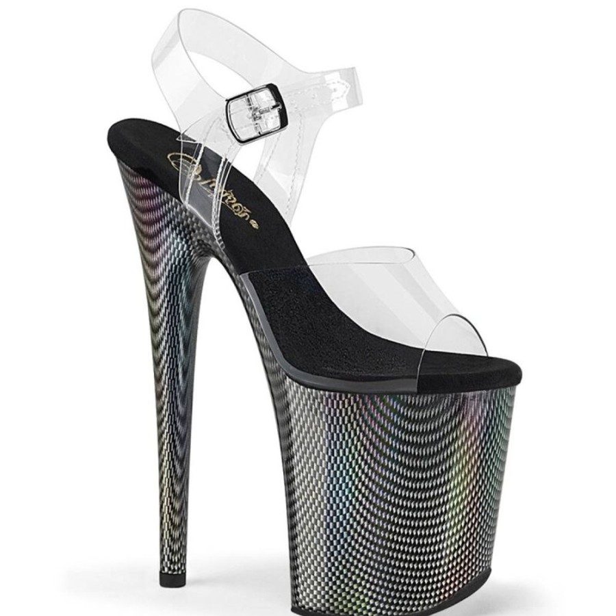 High Heels Pleaser | Pleaser Flamingo-808Hcp Plateau Sandaletten Holo Transparent Schwarz