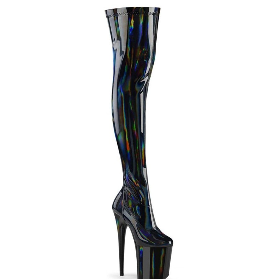 High Heels Pleaser | Pleaser Flamingo-3000Hwr Plateau Overknee Stiefel Lack Holo Schwarz