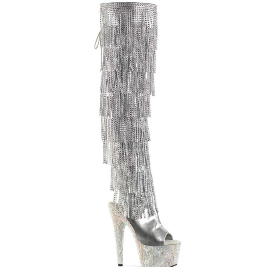 High Heels Pleaser | Pleaser Overknee Stiefel Bejeweled-3019Rsf-7 Silber Metallic Strass