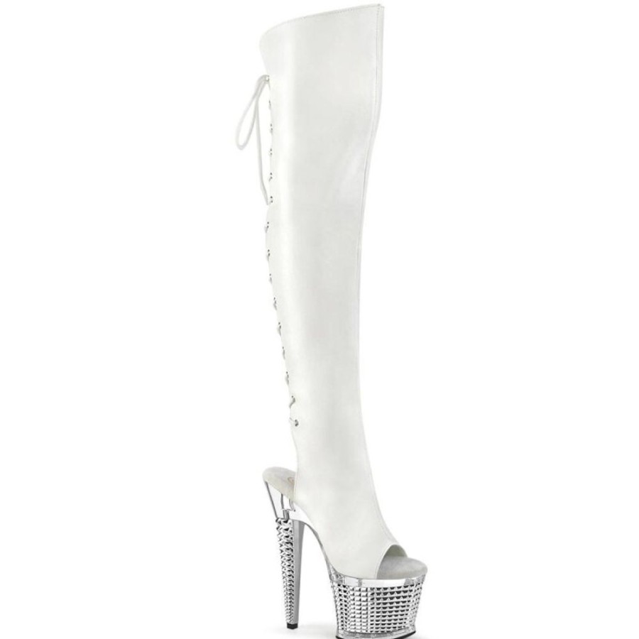 High Heels Pleaser | Pleaser Spectator-3019 Plateau Overknee Stiefel Kunstleder Chrom Weis