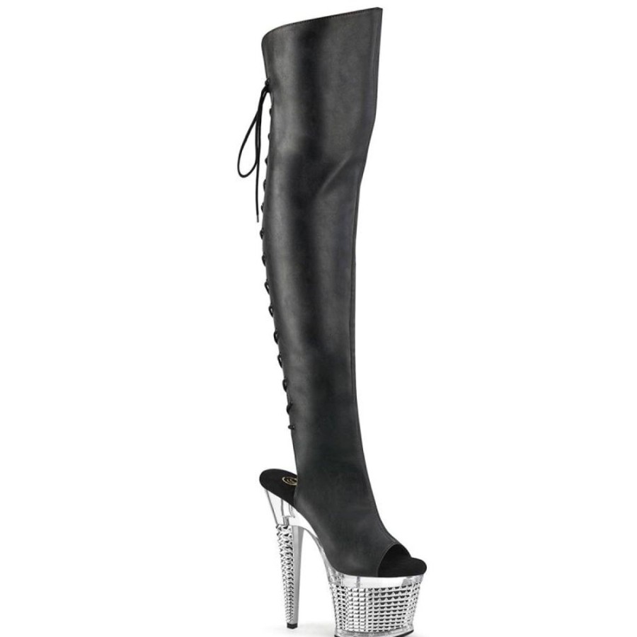 High Heels Pleaser | Pleaser Spectator-3019 Plateau Overknee Stiefel Leder Chrom Schwarz