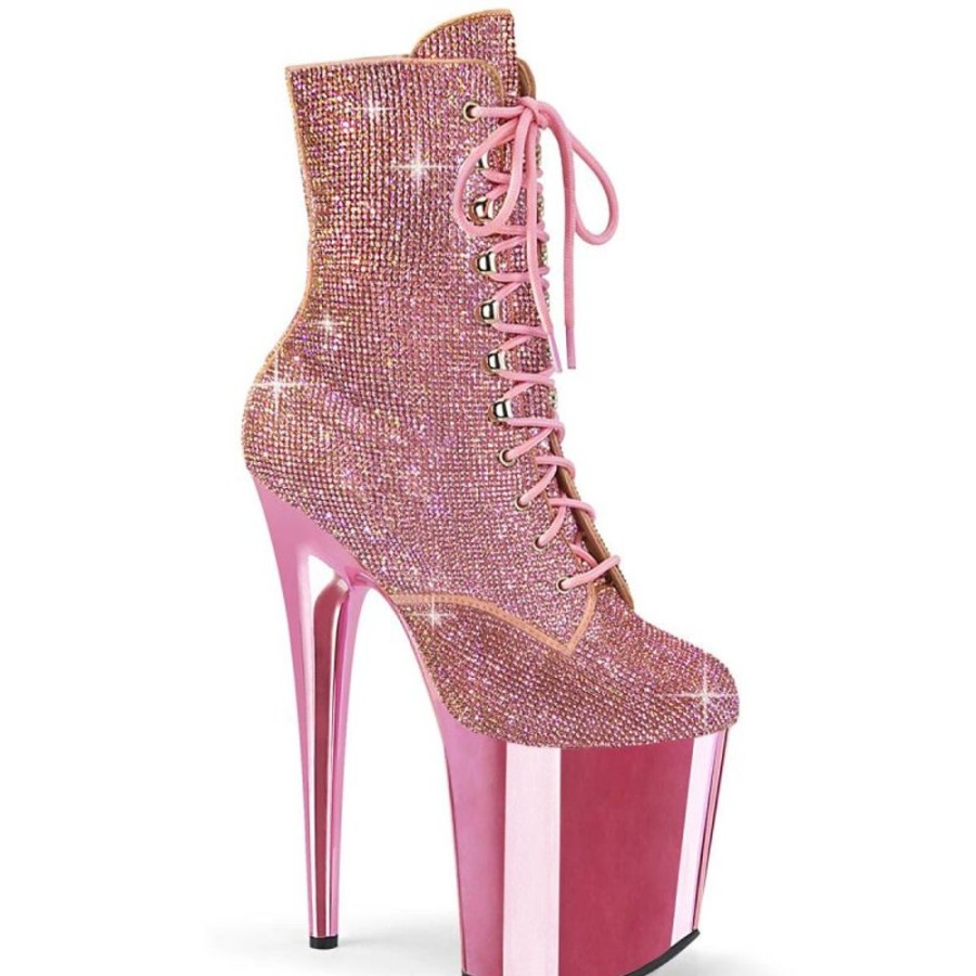 High Heels Pleaser | Pleaser Flamingo-1020Chrs Plateau Stiefeletten Strass Chrom Rosa