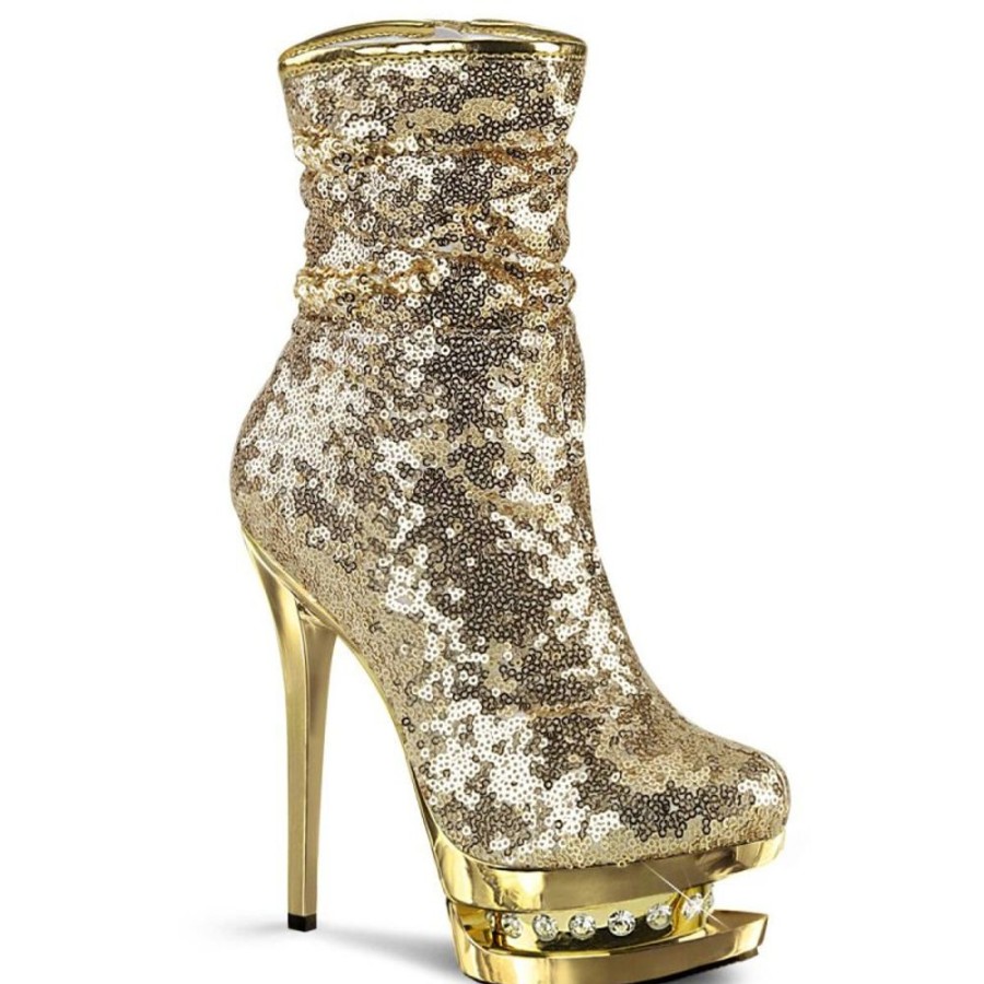 High Heels Pleaser | Pleaser Blondie-R-1009 Plateau Stiefeletten Pailetten Gold