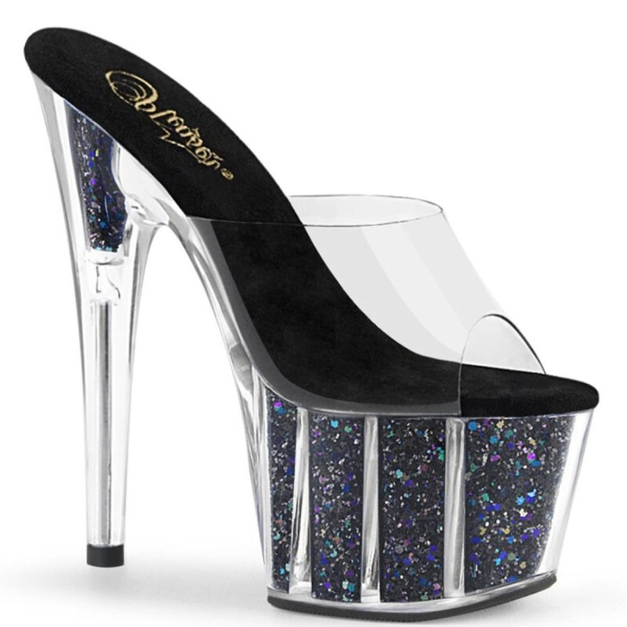 High Heels Pleaser | Pleaser Adore-701Cg Plateau Pantoletten Glitter Transparent Schwarz