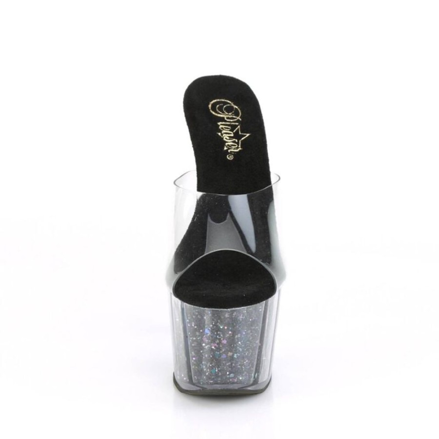 High Heels Pleaser | Pleaser Adore-701Cg Plateau Pantoletten Glitter Transparent Schwarz