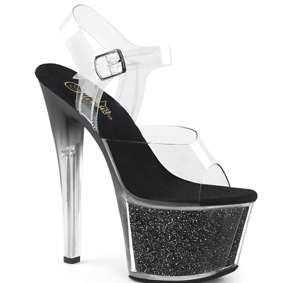 High Heels Pleaser | Pleaser Sandalette Sky-308G-T Transparent Schwarz Glitter