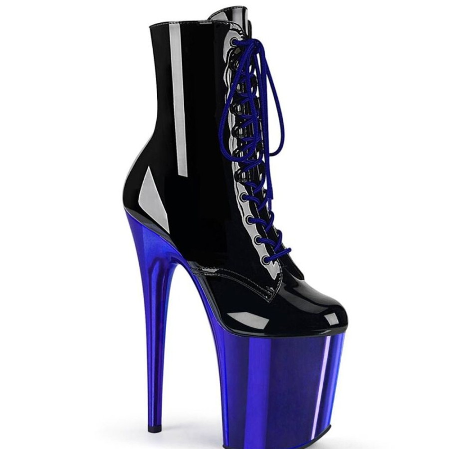 High Heels Pleaser | Pleaser Flamingo-1020 Plateau Stiefeletten Lack Chrom Schwarz Blau