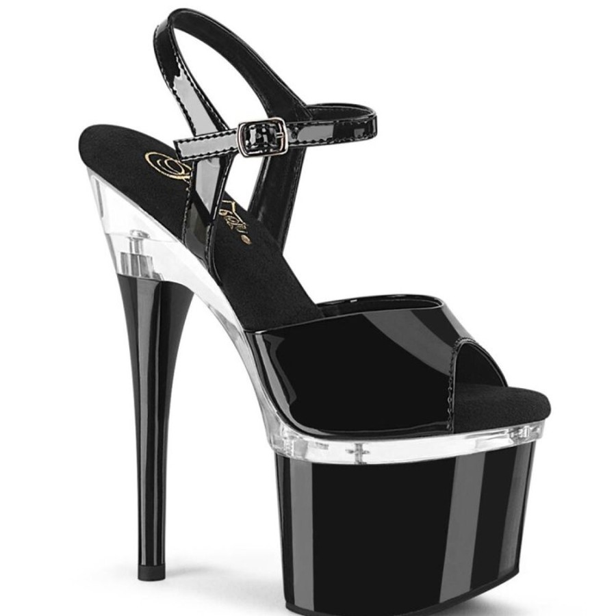 High Heels Pleaser | Pleaser Esteem-709 Plateau Sandaletten Lack Schwarz Transparent