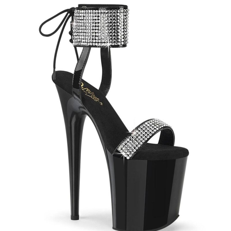 High Heels Pleaser | Pleaser Flamingo-870 Plateau Sandaletten Lack Strass Schwarz Silber