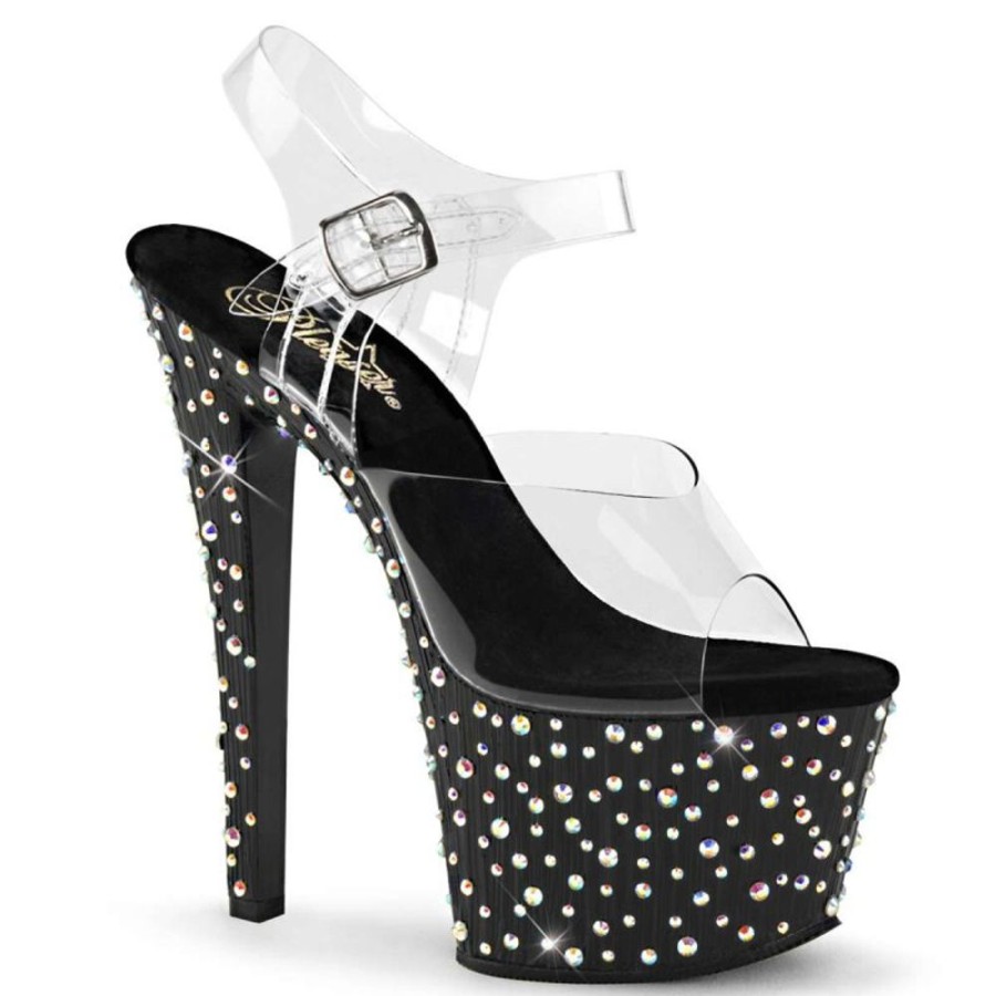 High Heels Pleaser | Pleaser Sandalette Stardance-708 Transparent Schwarz-Silber Strass