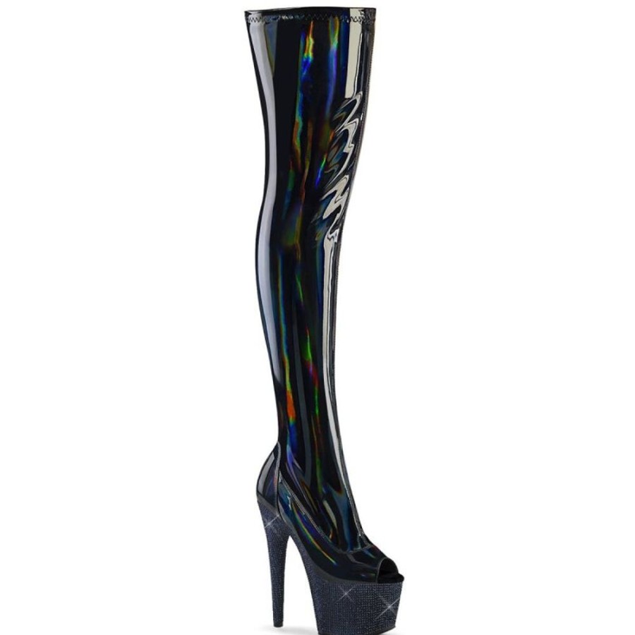 High Heels Pleaser | Pleaser Bejeweled-3011-7 Plateau Overknee Stiefel Holo Strass Schwarz