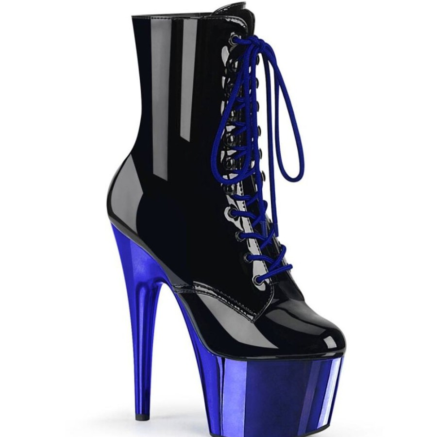 High Heels Pleaser | Pleaser Adore-1020 Plateau Stiefeletten Lack Chrom Schwarz Blau