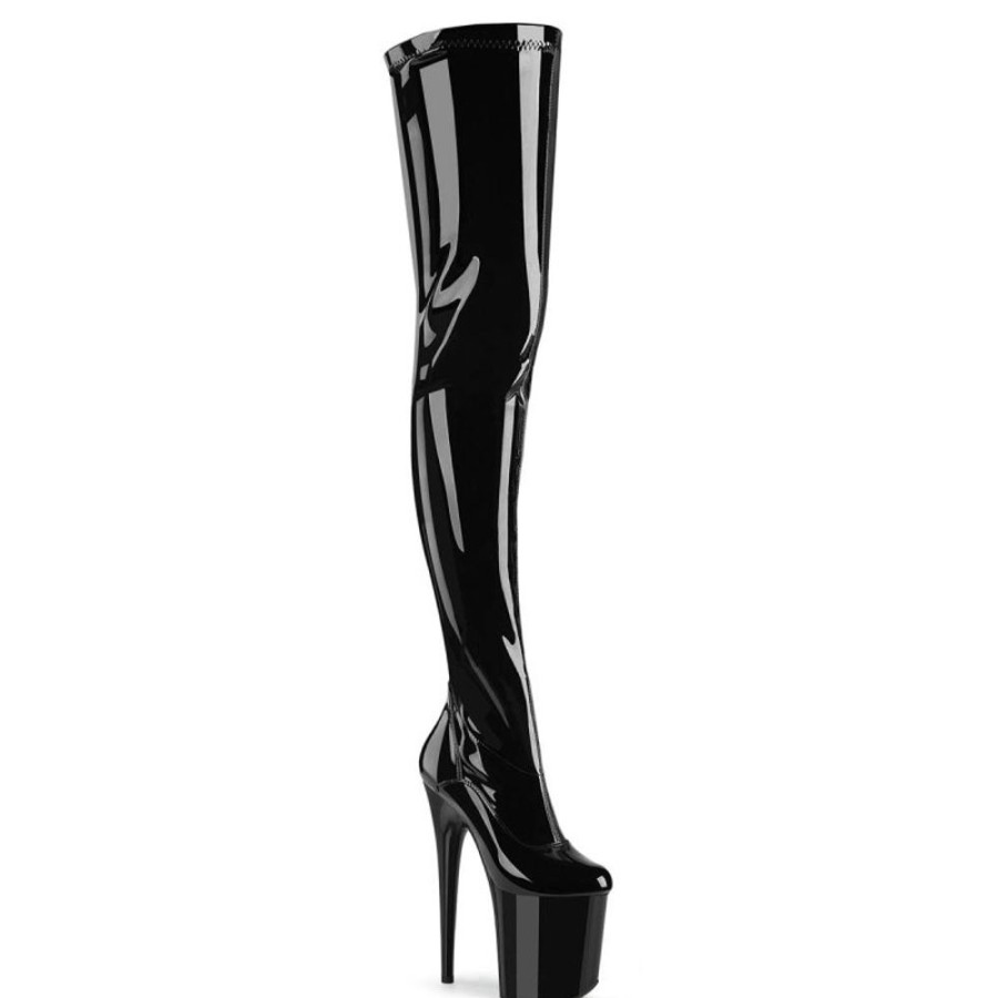 High Heels Pleaser | Pleaser Flamingo-4000 Plateau Overknee Stiefel Lack Schwarz