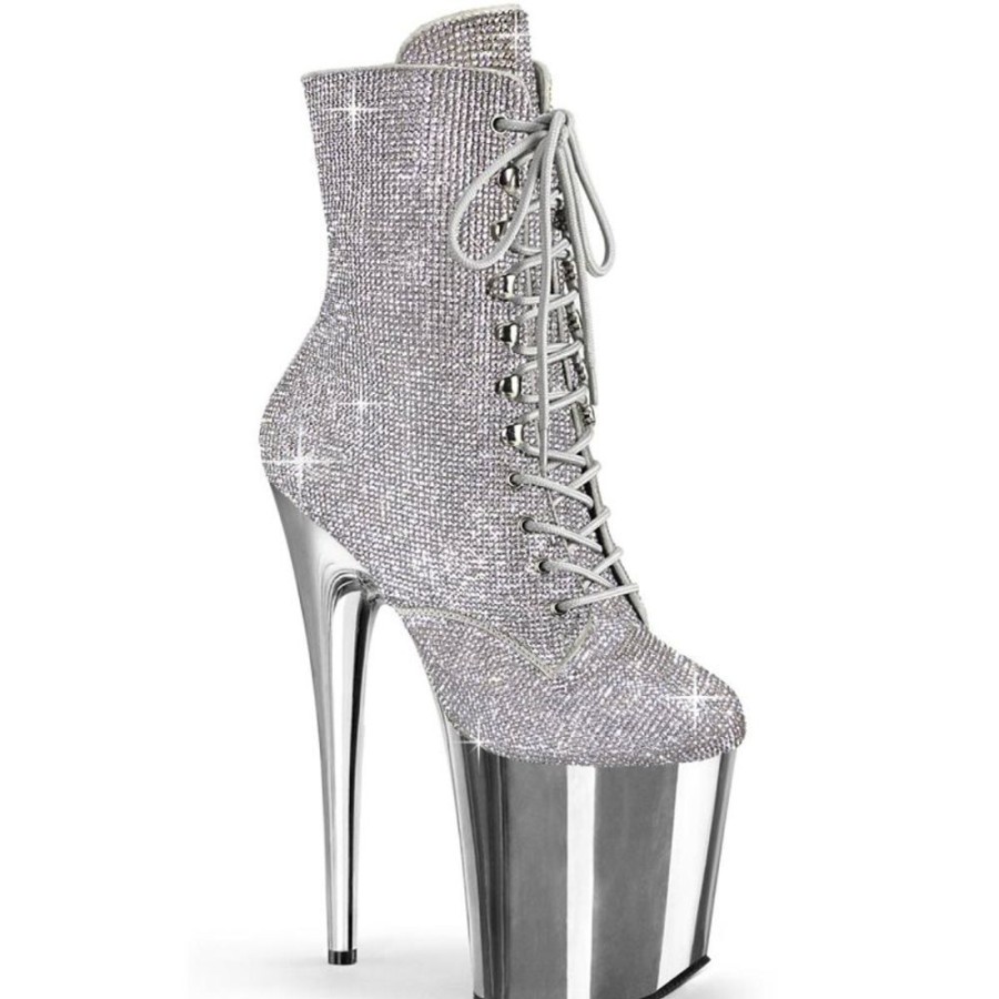 High Heels Pleaser | Pleaser Flamingo-1020Chrs Plateau Stiefeletten Strass Chrom Silber