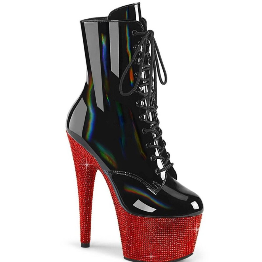 High Heels Pleaser | Pleaser Bejeweled-1020-7 Plateau Stiefeletten Holo Strass Schwarz Rot