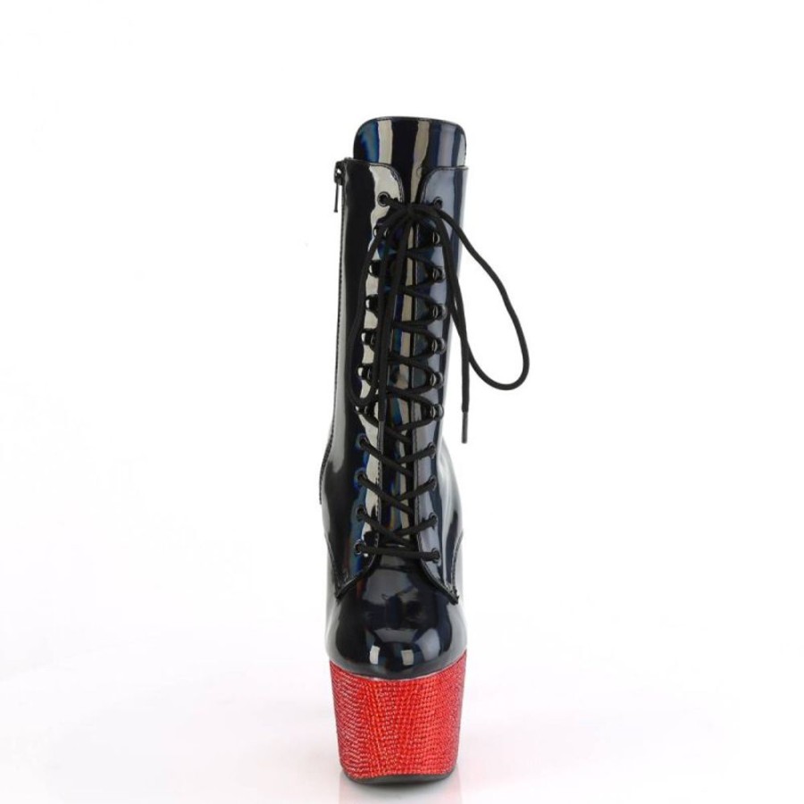 High Heels Pleaser | Pleaser Bejeweled-1020-7 Plateau Stiefeletten Holo Strass Schwarz Rot