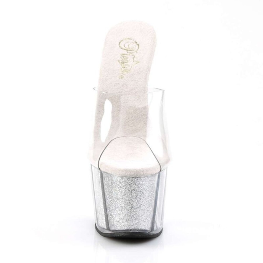 High Heels Pleaser | Pleaser Pantolette Adore-701G Transparent Silber Glitter