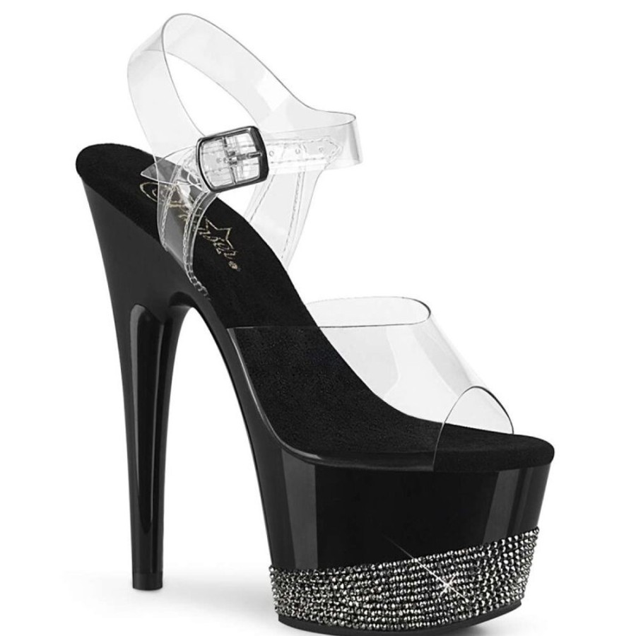 High Heels Pleaser | Pleaser Sandalette Adore-708-3 Transparent Schwarz Silber Strass