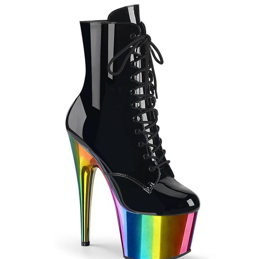 High Heels Pleaser | Pleaser Adore-1020Rc Plateau Stiefeletten Lack Chrom Schwarz Bunt