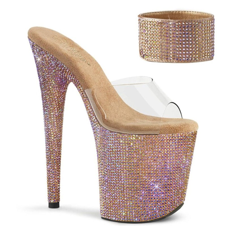 High Heels Pleaser | Pleaser Bejeweled-812Rs Plateau Pantoletten Strass Transparent Rose-Gold