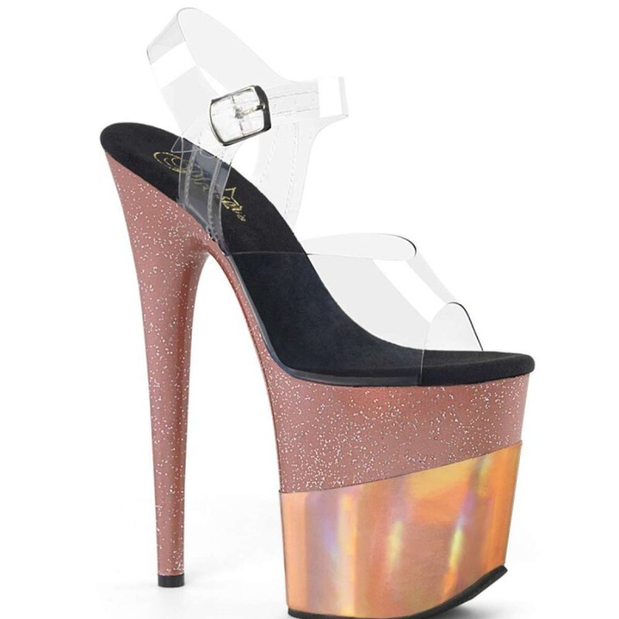 High Heels Pleaser | Pleaser Sandalette Flamingo-808-2Hgm Transparent Rose Gold Glitter Chrom