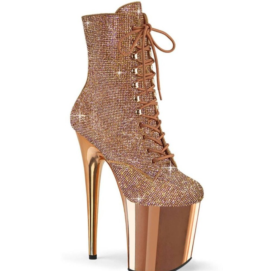 High Heels Pleaser | Pleaser Flamingo-1020Chrs Plateau Stiefeletten Strass Chrom Rose-Gold